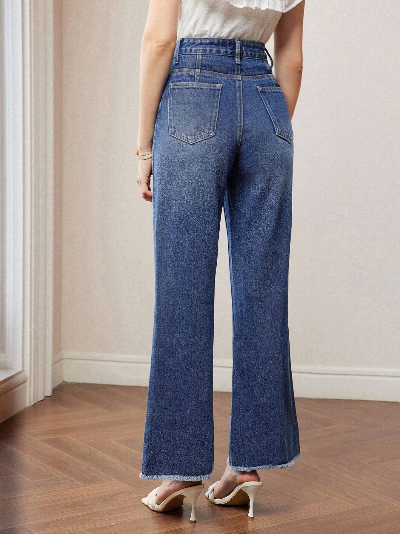 Calça Denim Flare de Barra Crua com Zíper Frontal sem Cinto