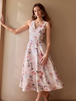 VESTIDO MIDI COM BAINHA DE BABADO E DECOTE EM V COM ESTAMPA FLORAL, SEM CINTO, LOOK FEMININO